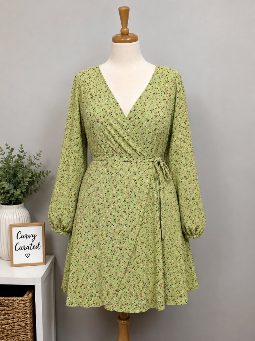 ASOS Design Curve Floral Wrap Mini Dress US 26 Green Long Sleeve Tie Waist Cotta